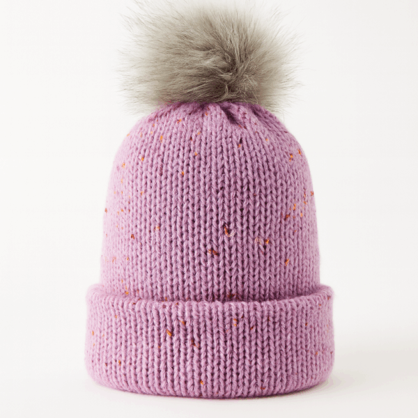 Soft Lilac Knit Beanie with Faux Fur Pom Pom