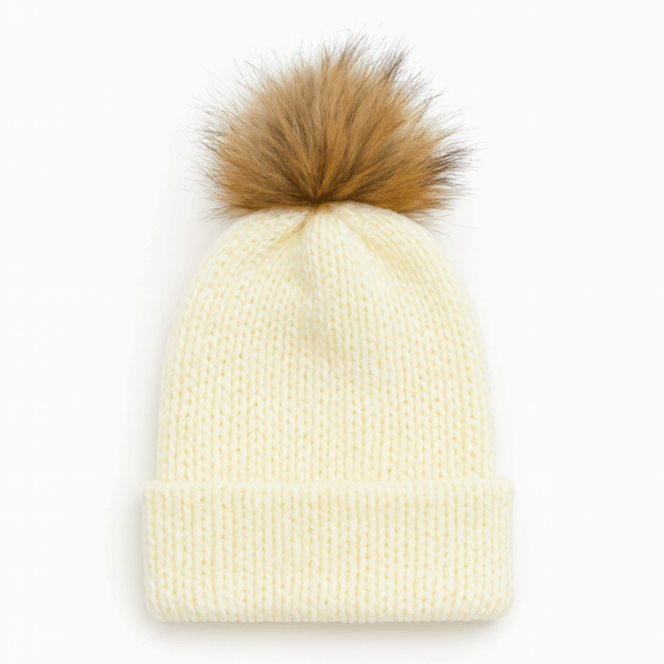 Cream Knit Beanie with Brown Faux Fur Pom