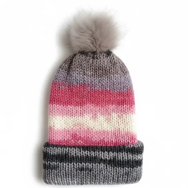Multicolor knit hat with gray pom-pom on a white background, featuring pink and gray striped pattern.