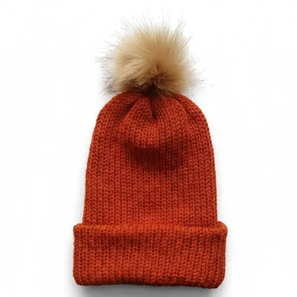 Warm Knitted Hat with Faux Fur Pom Pom – Rust Orange