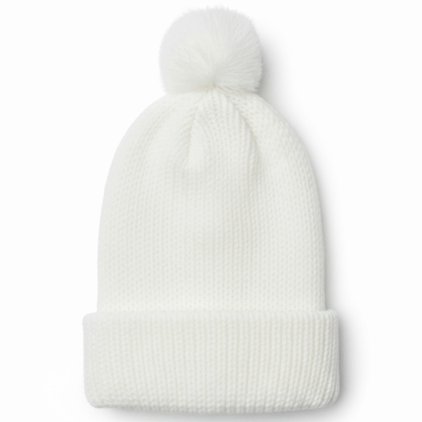 White Knit Beanie with Soft Pom