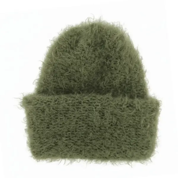 Olive green fuzzy soft knitted beanie, adult one size, soft elastic fit, ONTOPCO winter hat