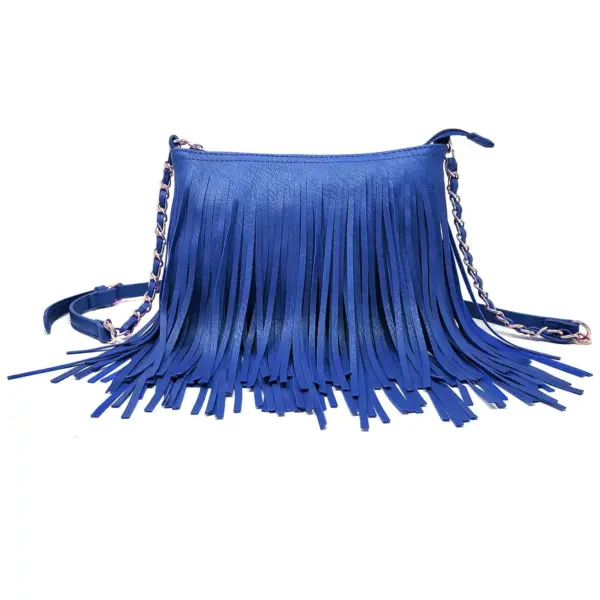 Royal blue fringe crossbody bag for women with long tassels and chain shoulder strap