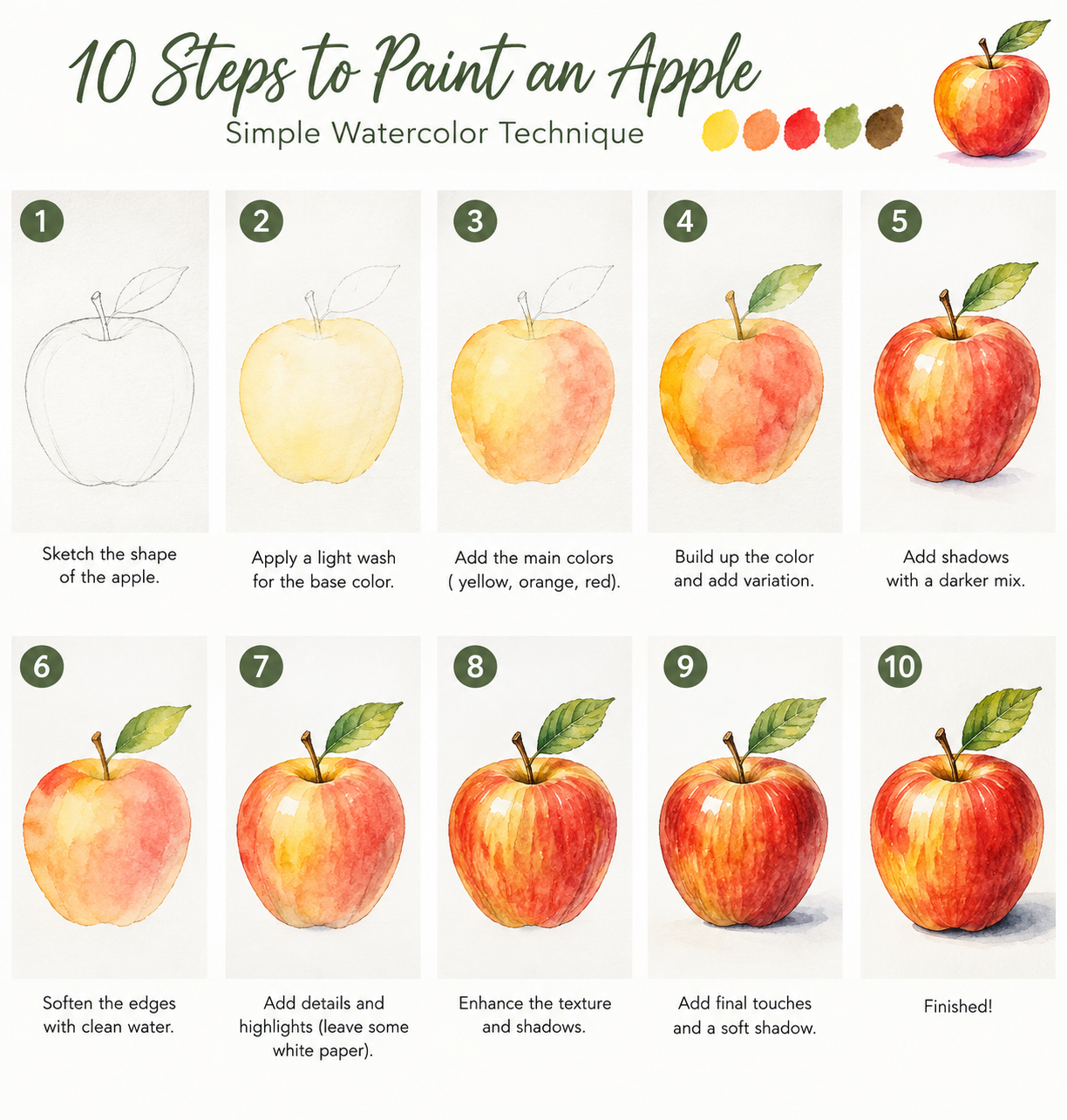 Step-by-step watercolor apple painting