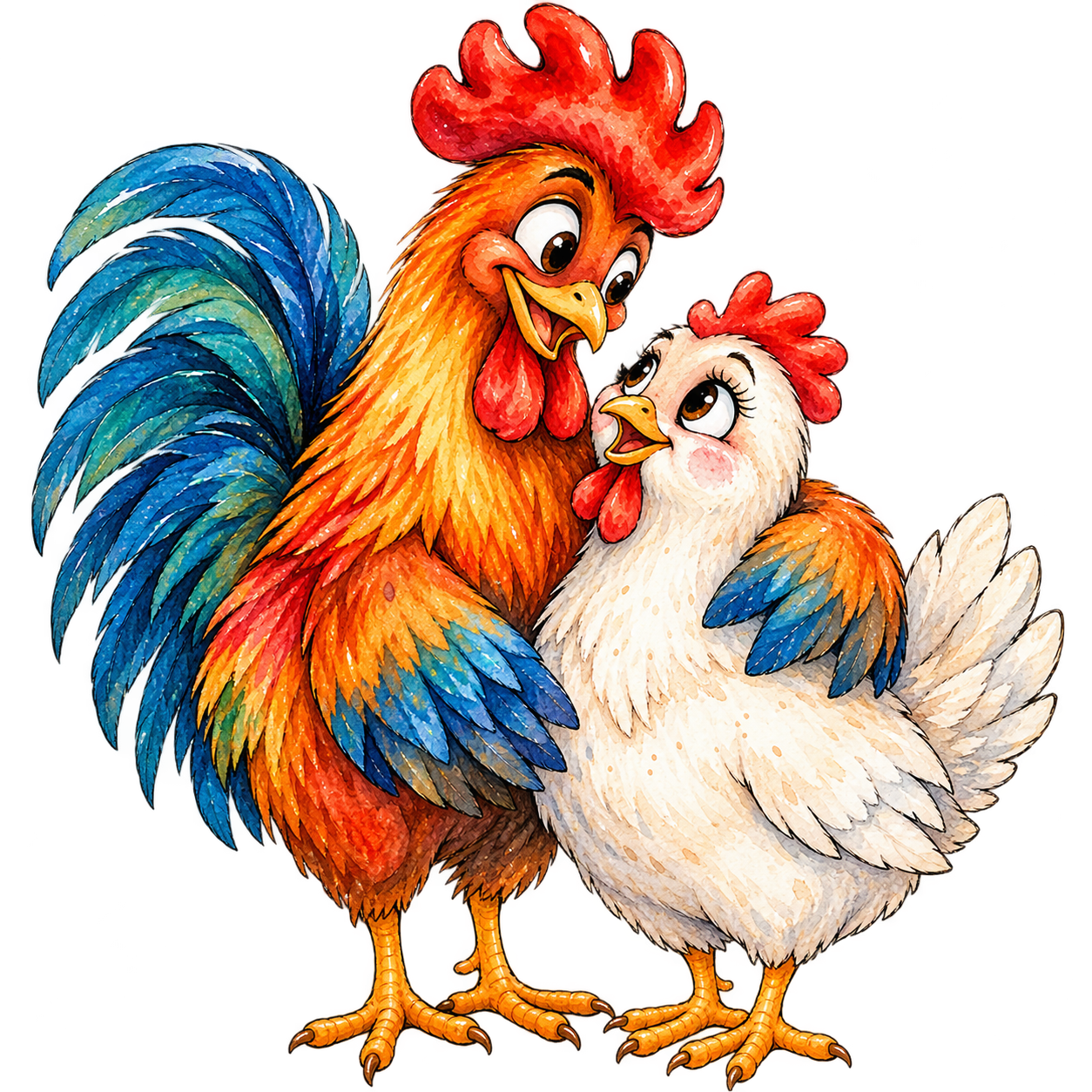 Affectionate Watercolour Rooster and Hen Pair Clipart