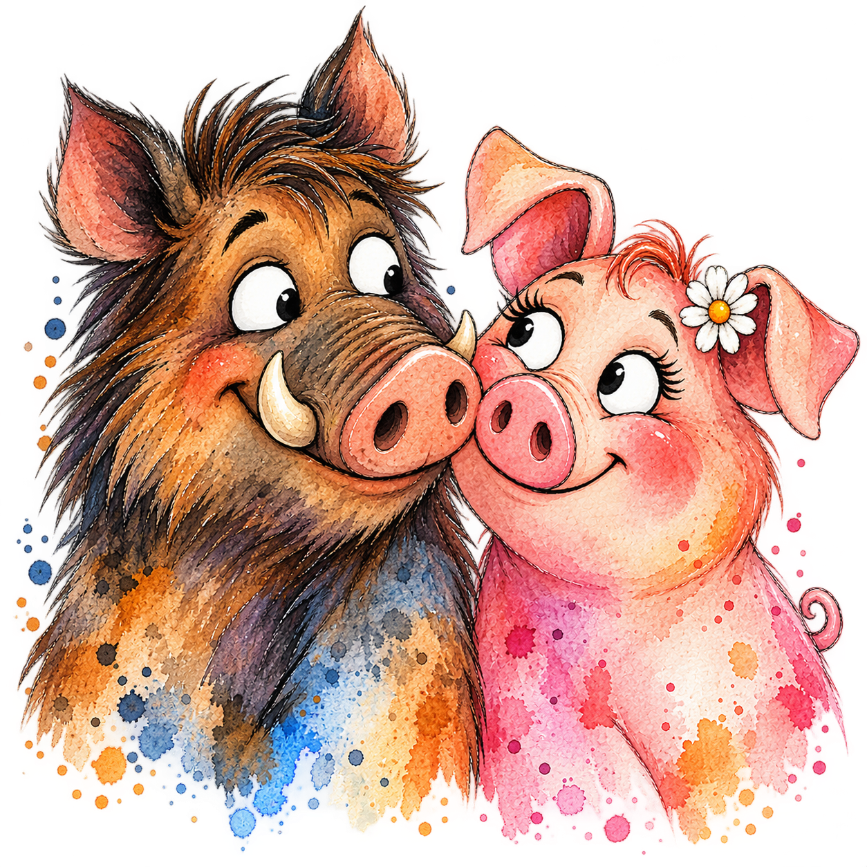 Watercolor Pig Couple Cuddling Clipart Image